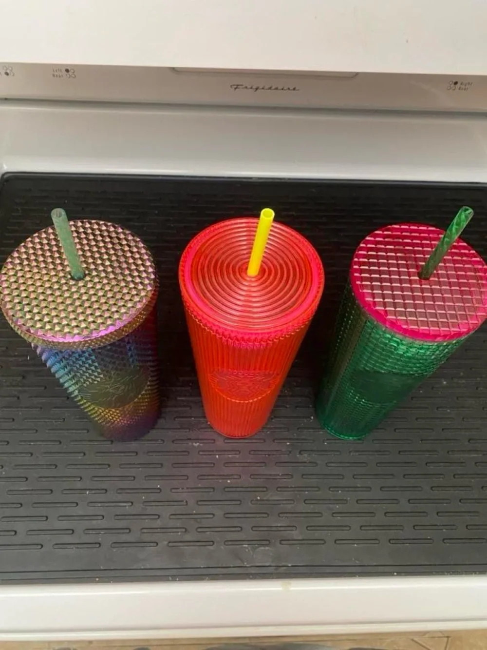 Starbucks Iridescent Rainbow, Neon Red & Green Studded Cold Cups with Straws